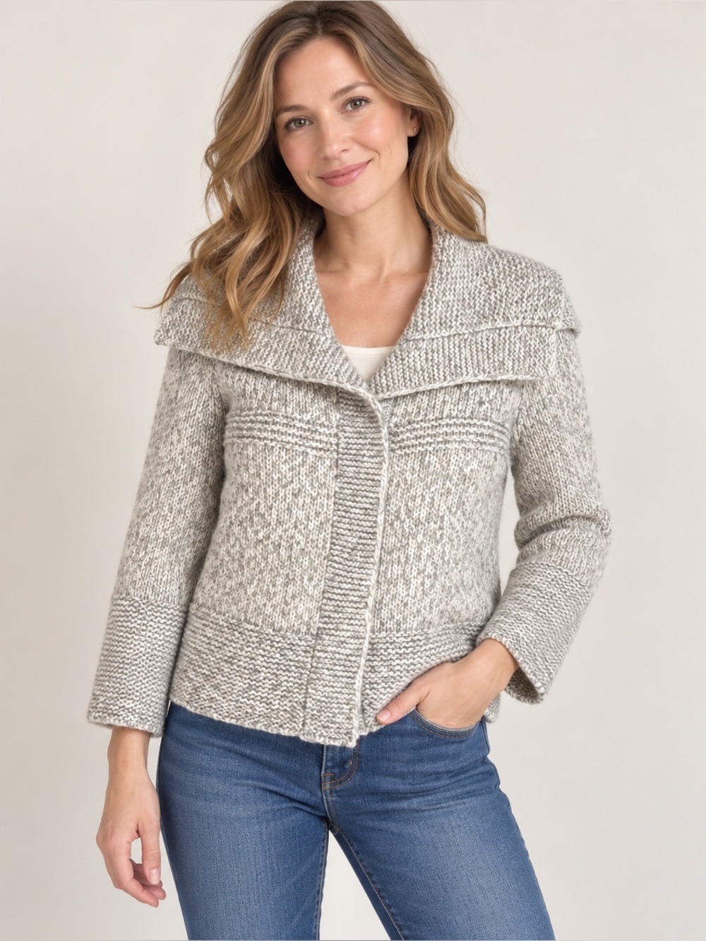 LOFT Gray Knit Sweater Jacket Wide Collar Cardigan Small